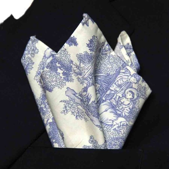 NEW Hand Stitched Toile de Jouy Pattern Pocket Square Blue White Cotton Men's - Picture 2 of 3